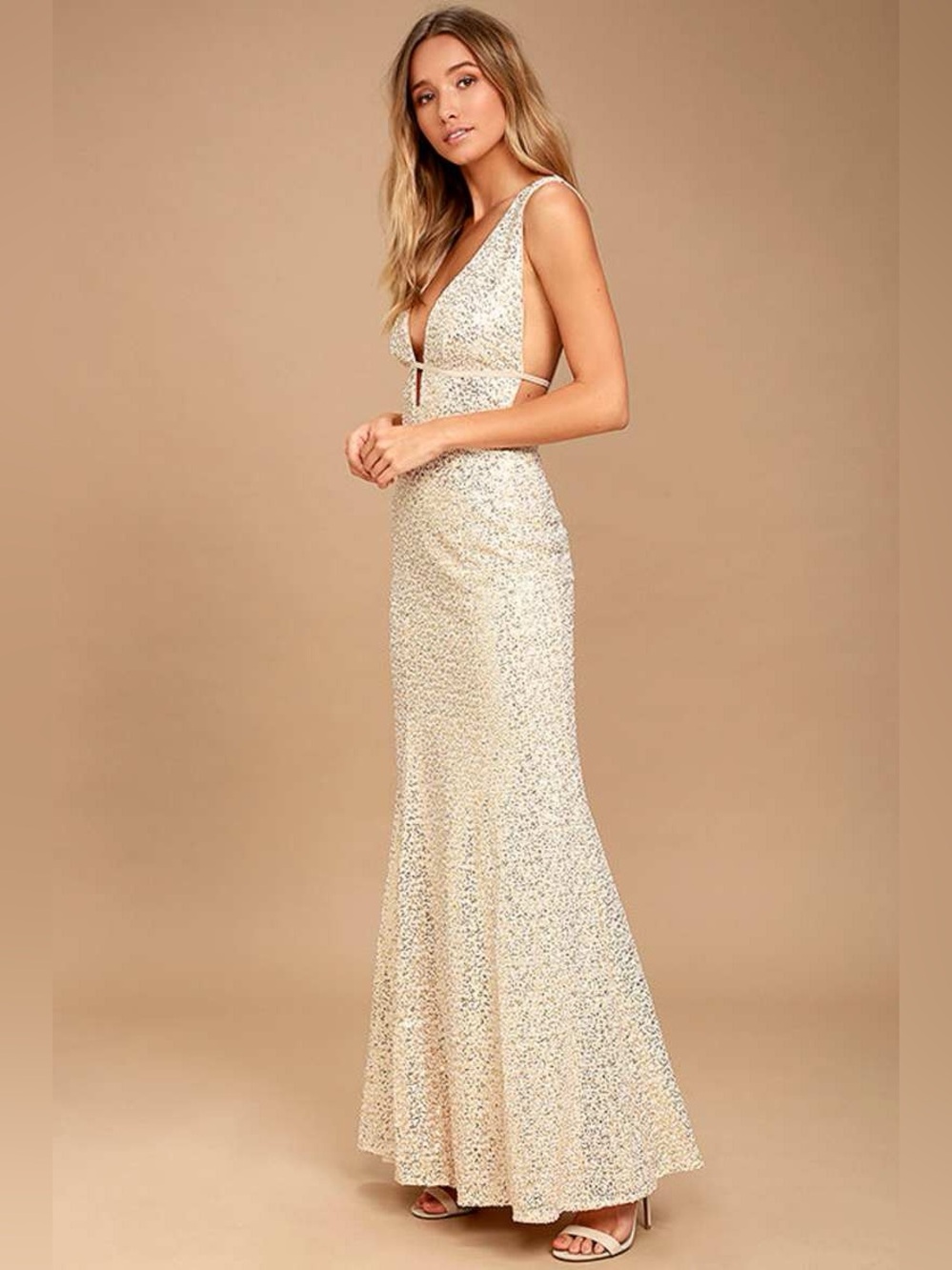 Lulu’s  Wish Granted Beige Sequin Maxi Dress • Large • NWT - Picture 3 of 16